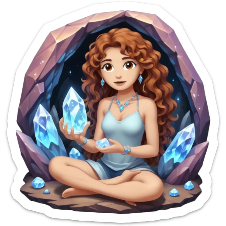 full body woman long curly brown hair brown eyes white skin tattoos sitting inside crystal cave opening, touching glowing quartz sticker