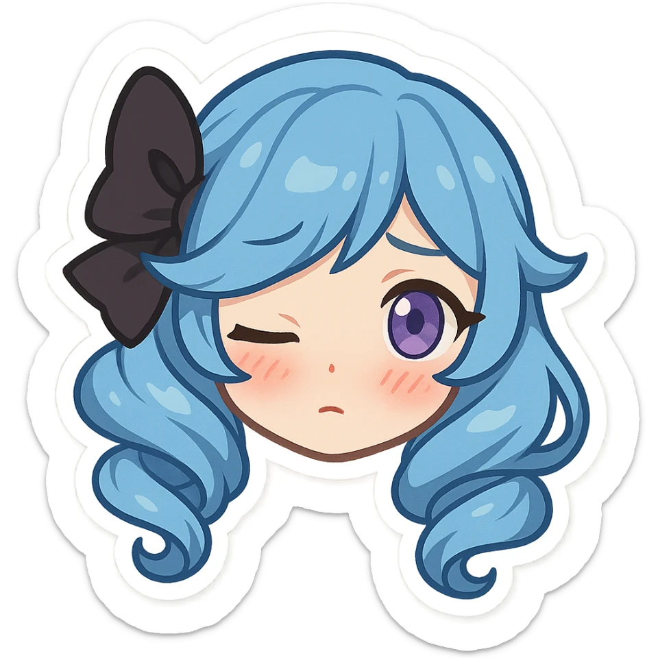 Gwen from League of Legends, shy emote, chibi style, only head, right eye purple, blushing sticker