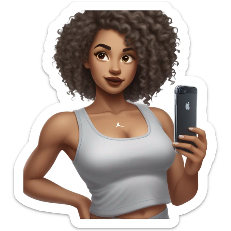 Light brown skin girl, long curly dark brown hair, glossy lips, long lashes, posing in a mirror wearing light grey leggings, light grey skims tank top, and white Nike socks, playing with her long curly hair while holding a iPhone 15  sticker