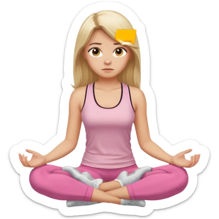 Create a young woman with long blonde hair, golden eyes, and medium-light skin tone, wearing a light pink tank top and leggings. She should be sitting cross-legged in a calm pose, but with a subtle doubting or skeptical facial expression—slightly raised eyebrow, small frown, or pursed lips.  sticker