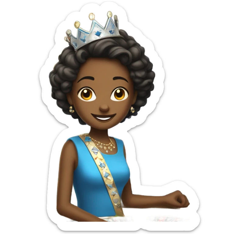 smiling boy in blue shirt dress as a queen at a casino sticker