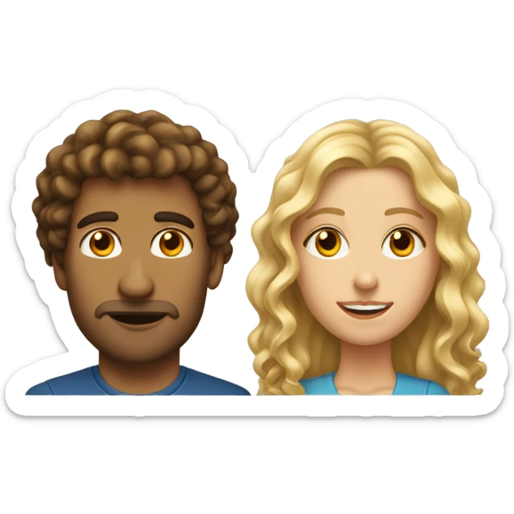 blonde woman with long curly hair and tall man with brown curly hair and hooked nose sticker