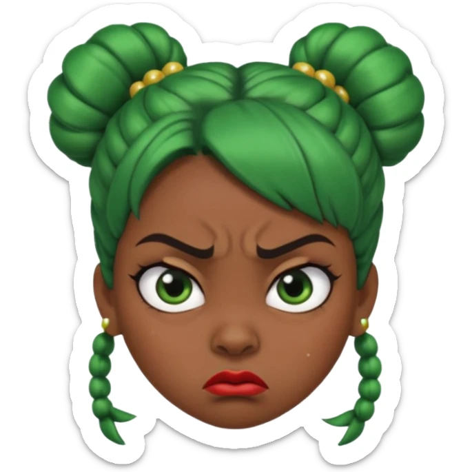 Create a 3D cartoon-style girl character with dark skin, round face, angry expression, big wide eyes, and tightly styled double buns made of green beaded hair. The girl should look irritated, eyebrows sharply angled, and lips pressed in a frown. sticker