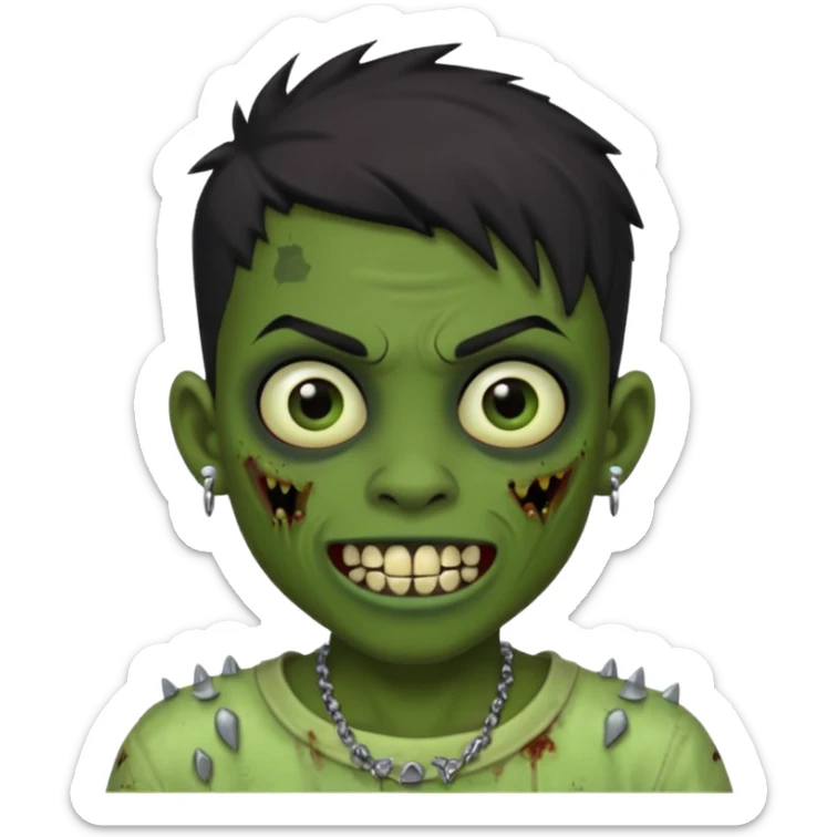 Make a boy zombie dark skin and short black 4c hair, showing a studded grillz teeth with a earing sticker