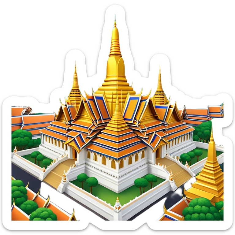 Cinematic Realistic Grand Palace Bangkok Landmark Emoji, showcasing the opulent golden spires, intricate Thai architecture, and the Emerald Buddha Temple set within a vibrant, manicured courtyard. sticker