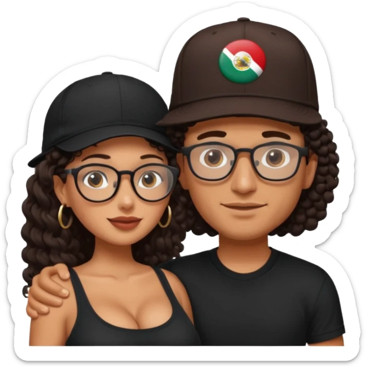 A picture of an embracing tanned couple. the man is a Mexican man with tanned skin, with a bald hair cut wearing a SnapBack hat and a black shirt. the woman has glasses on with long curly dark brown hair and with big boobs.  sticker