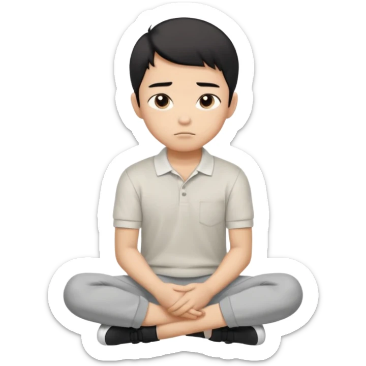 Cartoon Asian boy sitting cross-legged, clearly resting his closed fist against his cheek, looking thoughtful with a slight smirk. White polo, gray pants, black shoes, large eyes, short black hair. Clean vector style, flat colors, black background. sticker