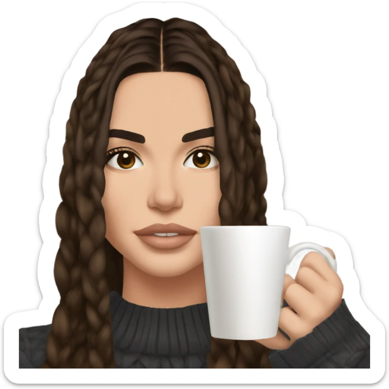 brunette Kendall Jenner with long and brown hair her eyes brown and sipping coffee her hair braided sticker