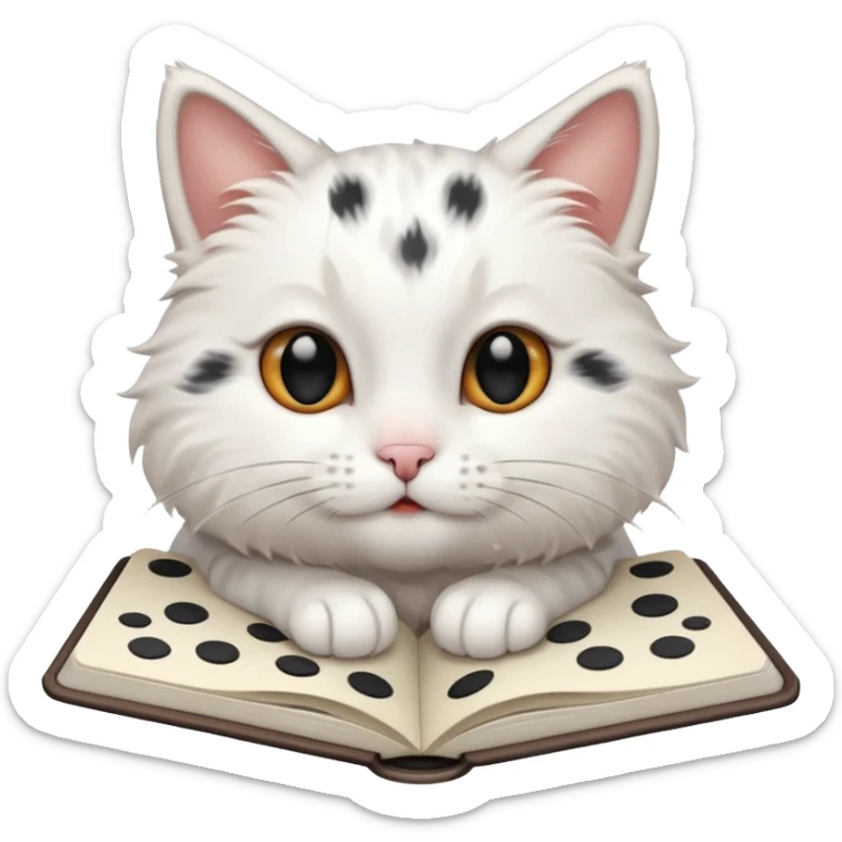  gatita blanca con manchas negras en los ojos feliz en viendo una libreta anillada  sticker