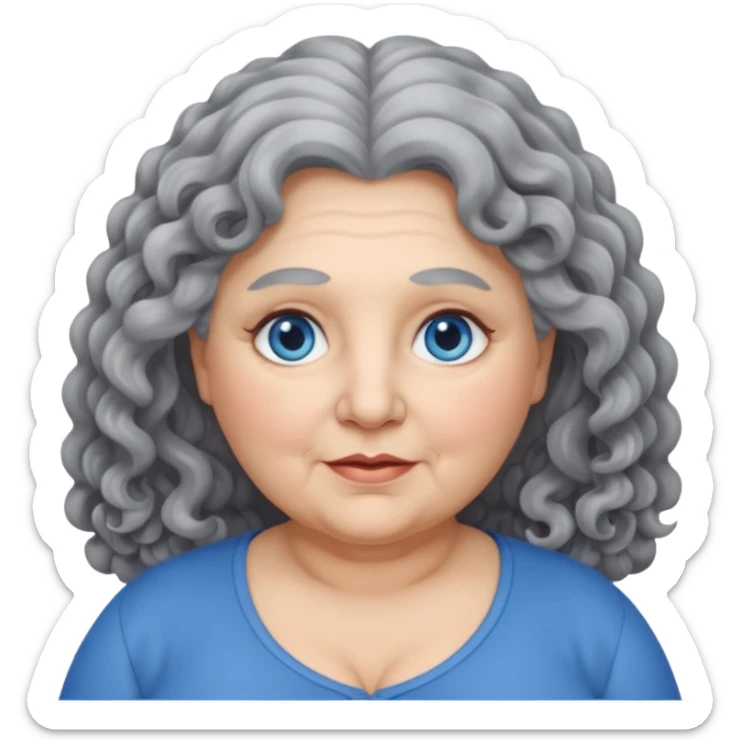 chubby 60 years olde woman with grey long curly hair and bleu eyes sticker