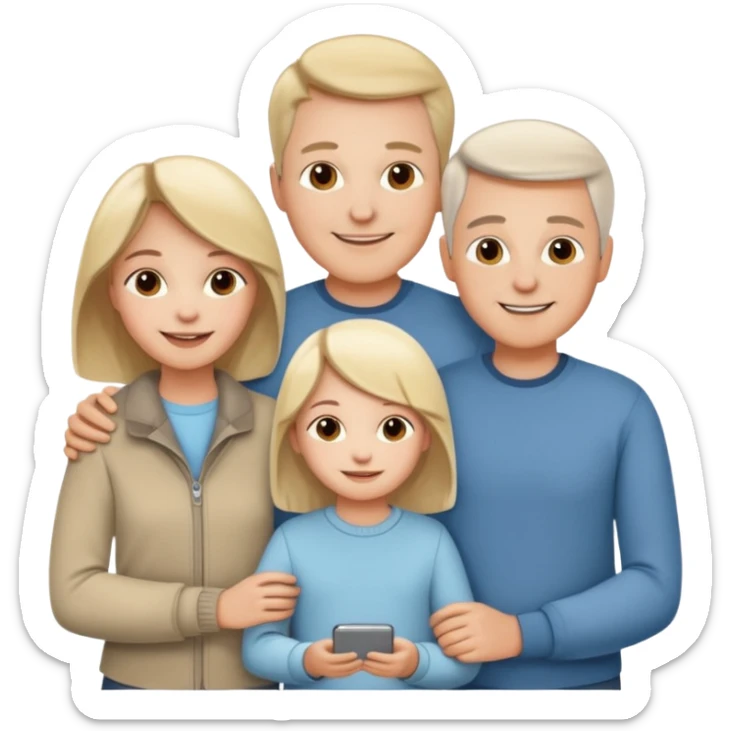 white family emoji: parents on each side of their child, smiling, warm, casual modern outfits sticker