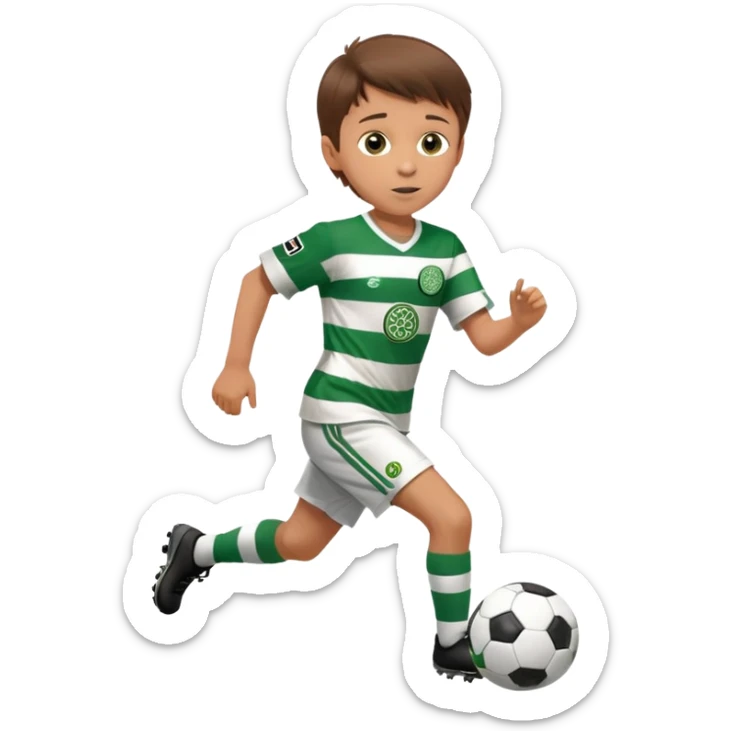 Celtic footballer jersey logo  6 years old brown hair white boy , brown eyes , stripes uniform , RUNNING  with soccer ball # 17 celtic football logo PUT ONLY ONE LOGO sticker
