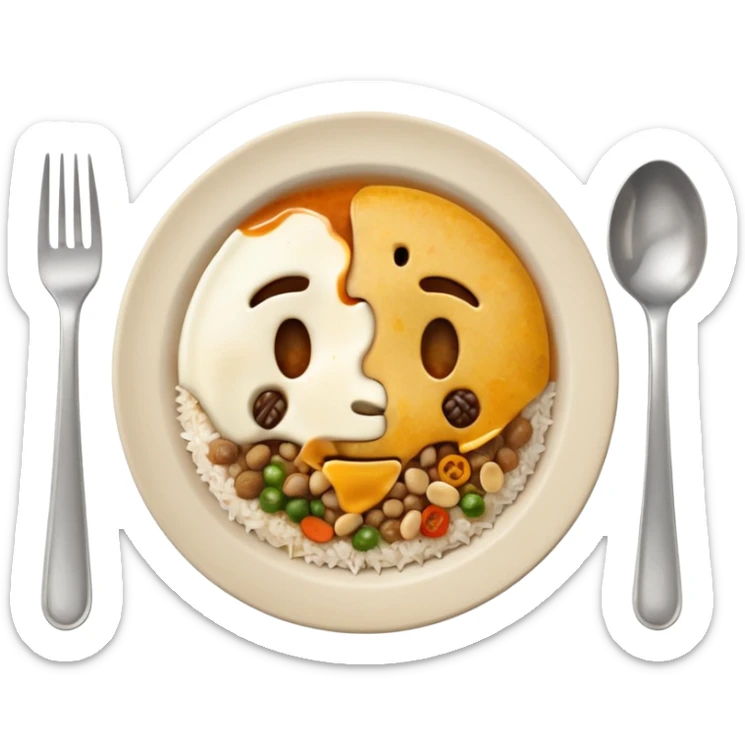 3D emoji of a dirty plate after eating, leftover food scraps, vegetable pieces, rice grains, sauce stains on the plate, fork and spoon placed beside the plate, no face, no character, no human features, realistic food leftovers, clean and simple background, soft lighting, high quality, emoji style sticker