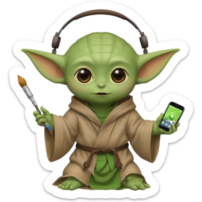Full-body image of Baby Yoda in his brown linen robes using headphones while painting a picture sticker