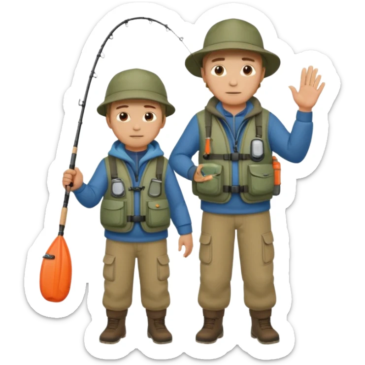 Father and son in fishing gear gesturing that they are cold, full body sticker