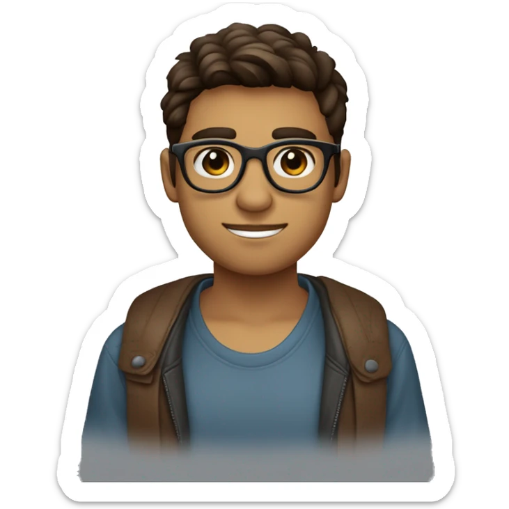 chico joven de 18 años con gafas pelo castaño corto con degradado con ojos marrones y piel un poco moreno y gafas de color azul y negro sticker