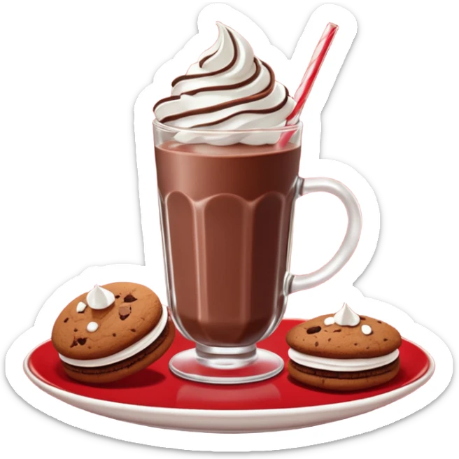 A glass of chocolate milk sits on a red saucer surrounded by chocolate cookies and sugar meringues. sticker
