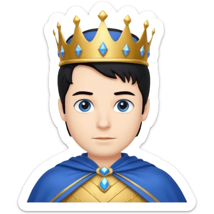 Prince with crown, blue cape and trousers, body and legs, black hair, blue eyes,  sticker
