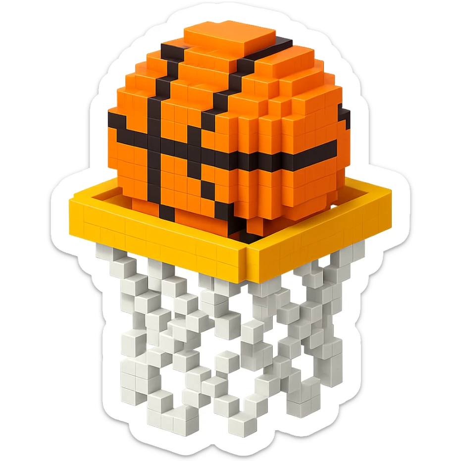 Voxel-style basketball in a net, no background, variation 1. sticker