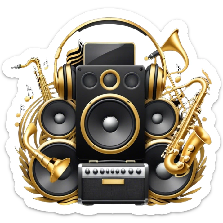 Icon for R&B Music Listening: large concert speakers and headphones with waves of musical notes coming out, along with drum kit, and synthesizer, saxophone and bass guitar. The icon should convey the energetic and rhythmic vibe of R&B music. Transparent background. sticker