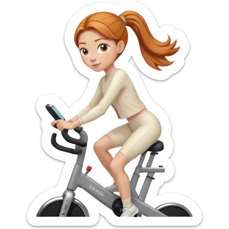 Ginger girl clean girl sleek bun low bun hairdo middle part riding stationary bike cream outfit sticker