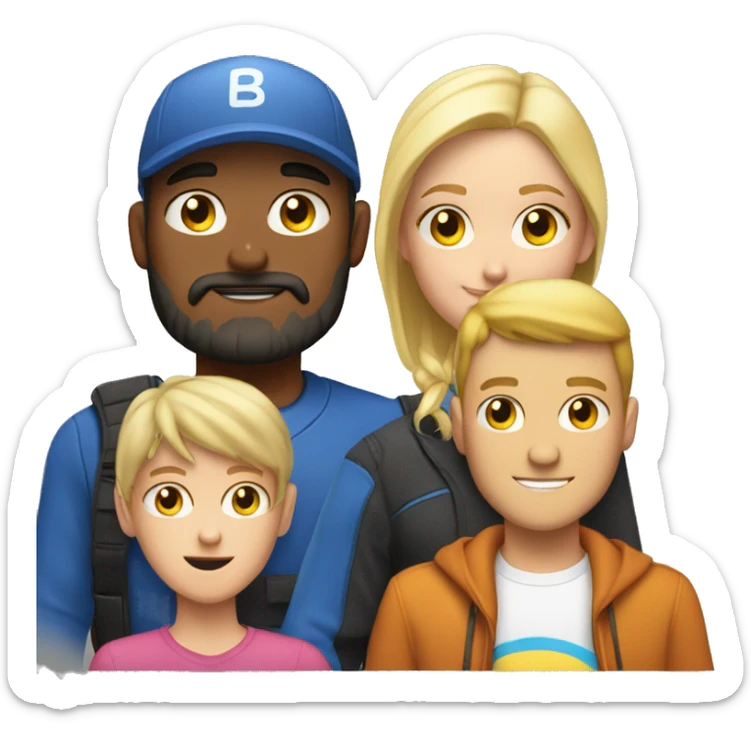 one white dad with a beard and cap, with one latino teen boy with cap and one teen white blond girl sticker