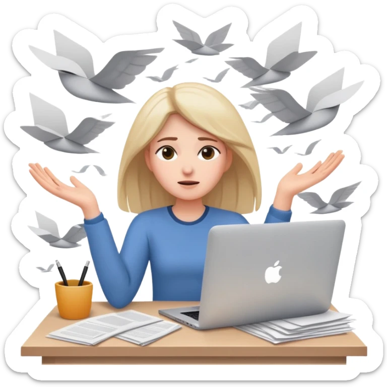 tired woman sitting at a desk with a MacBook, holding her arms out to the side, surrounded by lots of flying papers sticker