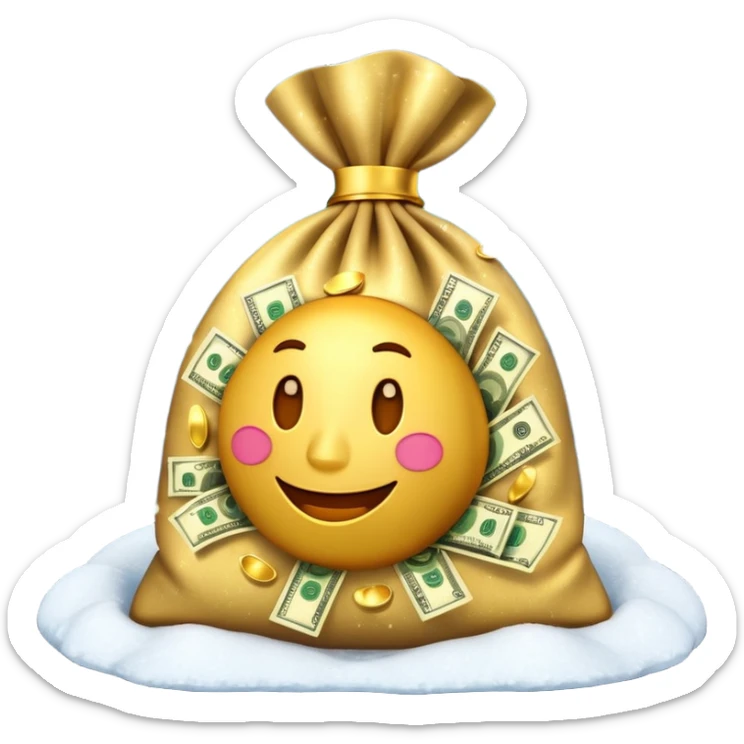 3D emoji style, money bag with dollar bills, New Year theme, snow particles, festive lighting, rich vibe, high detail, transparent background

 sticker