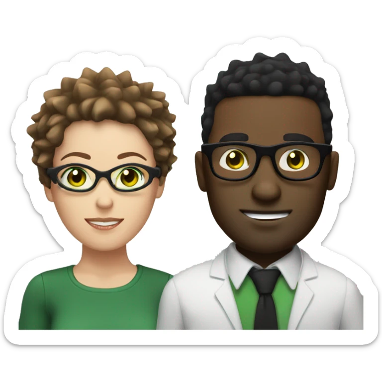black male with spikey hair and glasses and white female with brown hair , green eyes and glasses sticker