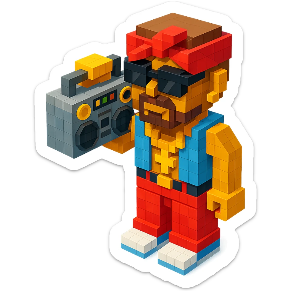 Lego 2Pac holding a boombox, detailed and colorful, retro hip-hop vibe sticker