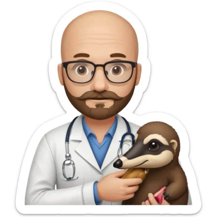 A bald veterinarian with a beard and glasses, mustache holding an the animal is "anteater" oso hormiguero  sticker