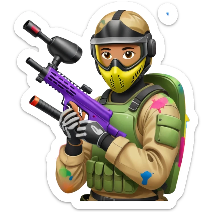 A dynamic scene of a player in action, holding a paintball gun and wearing protective gear. The background shows a vibrant paintball field with obstacles, colorful splatters of paint in the air, and an intense, competitive atmosphere. sticker