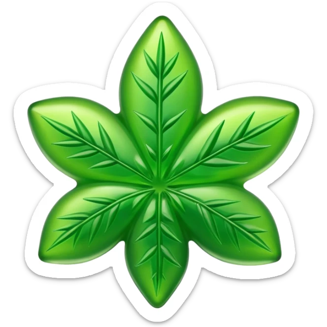 generate an emoji-style image of a gusher gummy shaped like a marijuana flower sticker
