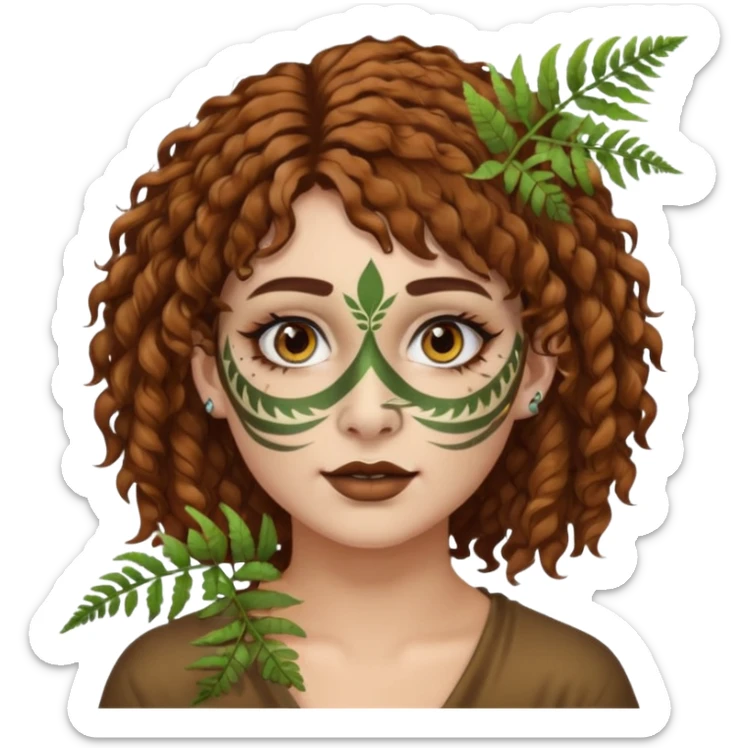 portrait woman short curly brown mullet hair brown eyes white skin with fern face paint and nose ring sticker