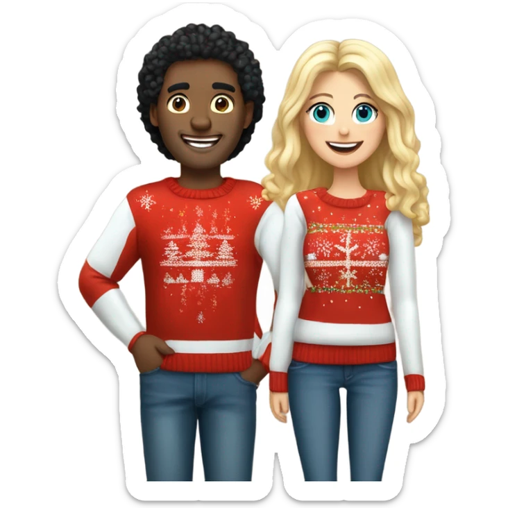 Happy white couple wearing Christmas jumper and blue jeans, man with black hair, woman blonde long hair  sticker