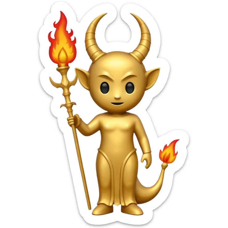 Minimalist emoji-style sticker of a full-body Oscar-like statue in gold color, with subtle devilish elements: small horns on the head, a pointed tail, and fire around the base. Flat design, thick lines, black, gold, and red color palette, silhouette style, centered on white square background. sticker