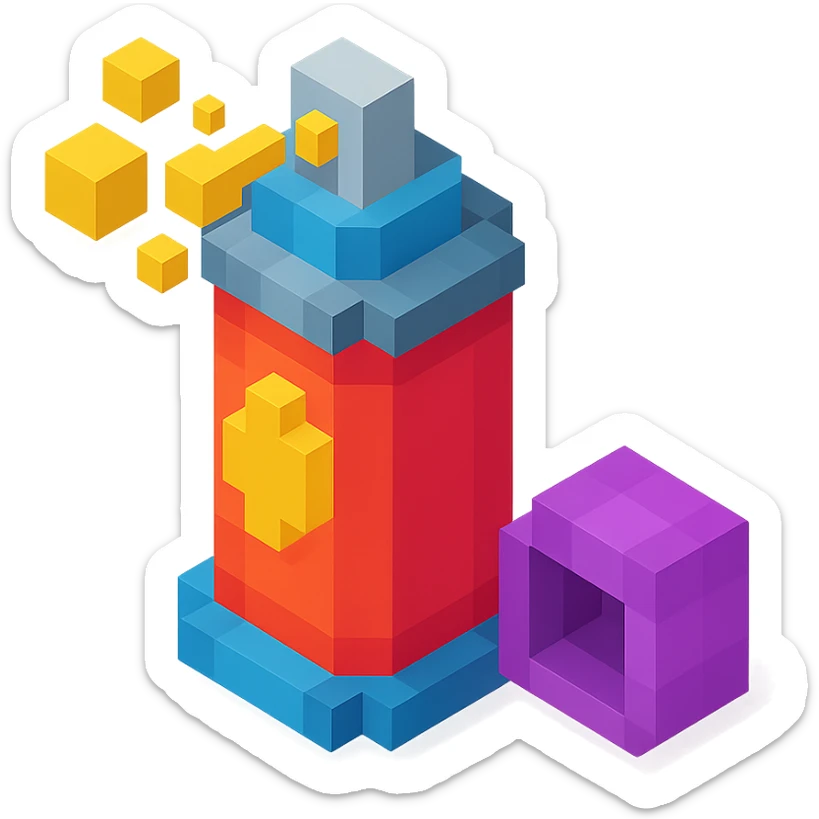 voxel style spray paint can with gold paint, cap off, isometric view sticker