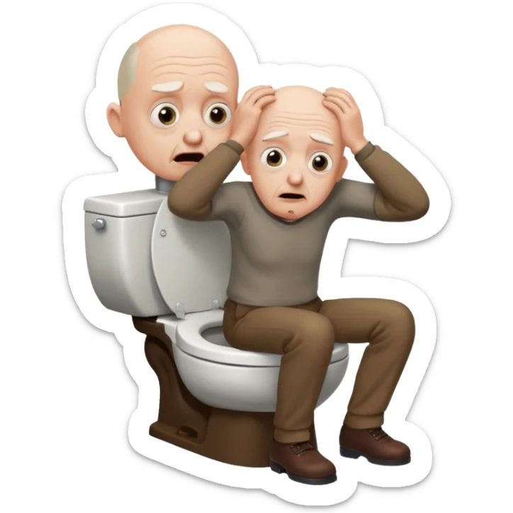 A bald person who’s very old is staring, he’s inside a toilet and his head is upright and looking at the camera with very wide eyes and his hands are putting pressure on his head, very scared expression and he’s shaking his butt sticker