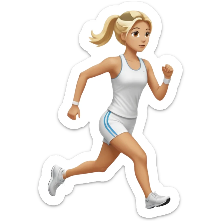 Mujer color de piel moreno, con cabello rubio largo, lacio y suelto, bonita, nariz respingada, corriendo con ropa deportiva color blanco  sticker