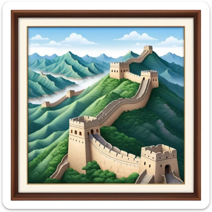 Cinematic Realistic Great Wall of China Landmark Emoji, depicted as ancient fortifications winding across majestic mountains, rendered with intricate detail and dramatic lighting. sticker