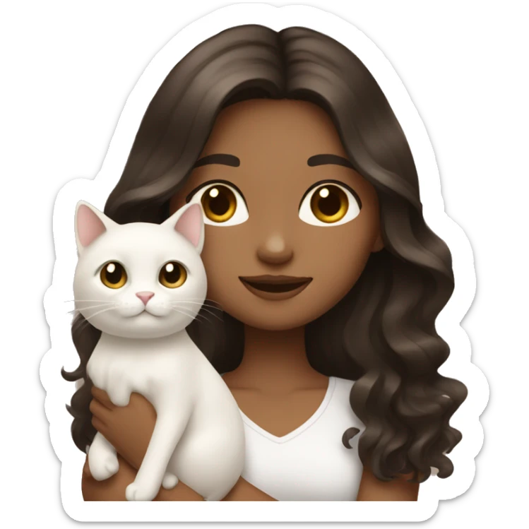 Tan girl with dark brown long wavy hair holding a white cat sticker
