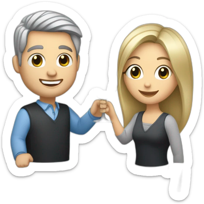 caucasian woman with brown eyes and blond medium long hair and a caucasian man with blue eyes and grey hair, toasting with a glass of white wine sticker