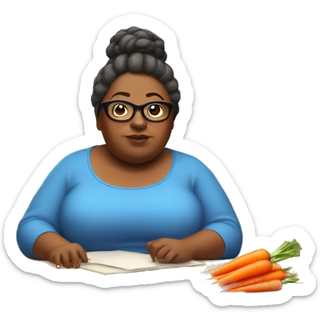 Fat lady with a brown bun in her hair with glasses and a blue long sleeve shirt staring at a carrot on a brown desk sticker
