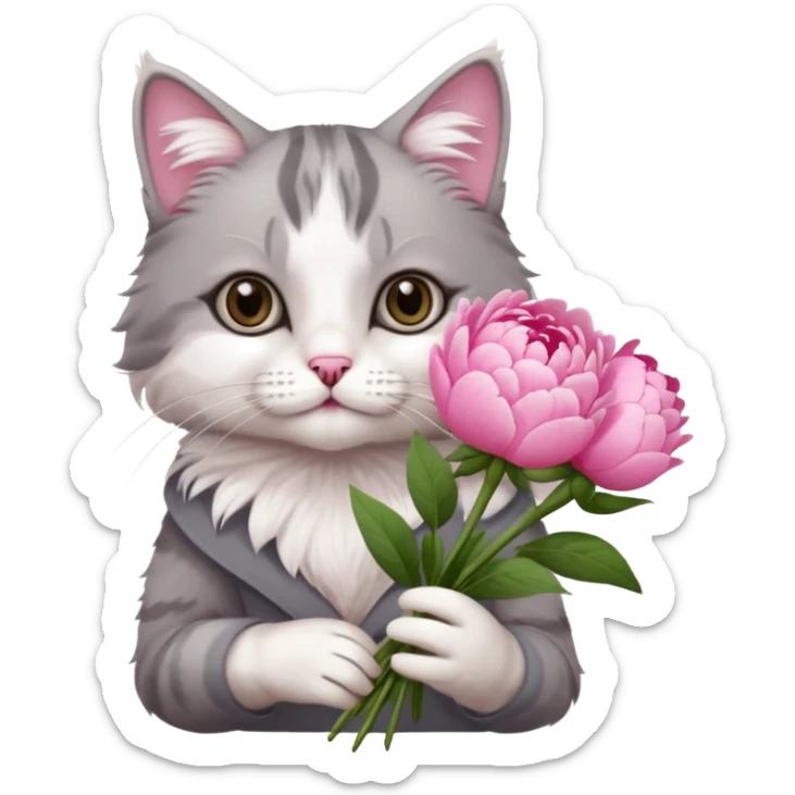 Cute cat Handing pink peonies like reaching a hand and handing them out a bouquet of them not a physical hand the cats hand  make the cat fluffy and grey and white fluffier make the cat wear a pink coquette sticker