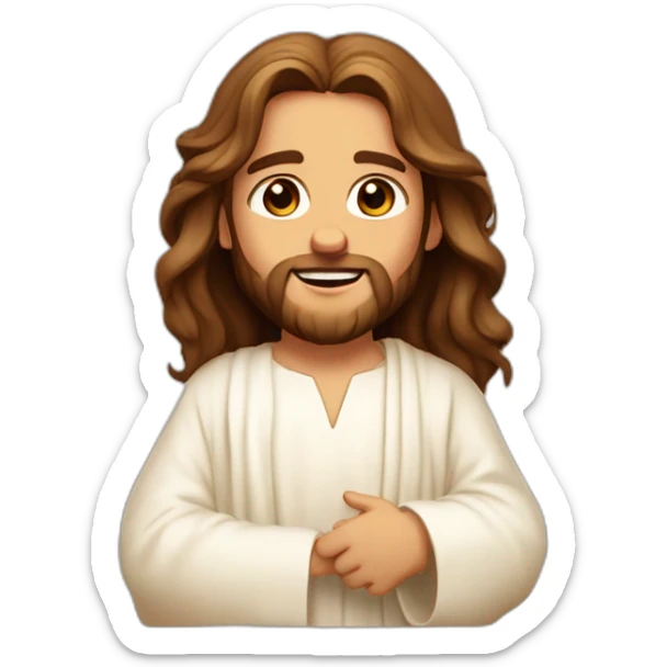 Jesus animated childish honey-colored eyes abundant wavy brown hair rosy cheeks white tunic tender and loving playing sticker