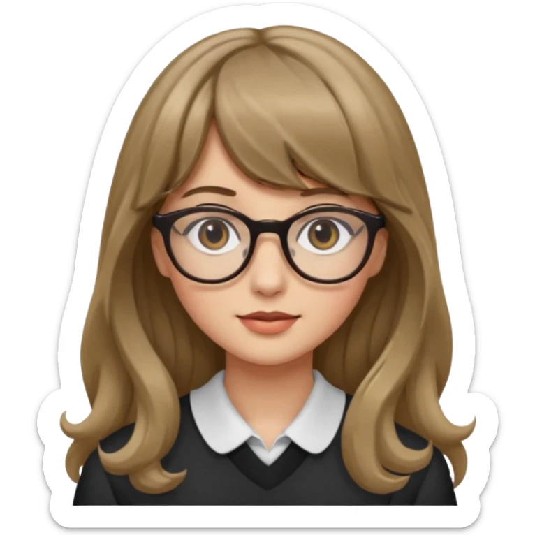 Uma garota de cabelo ondulado loiro escuro,mas com franja lisa e olhos pretos,usa óculos e a cor de pele branca,e o cabelo LONGO sticker