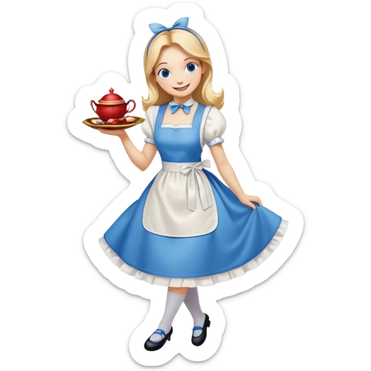 Disney's Alice in Wonderland curtseying with a happy smile in her blue dress with white apron sticker