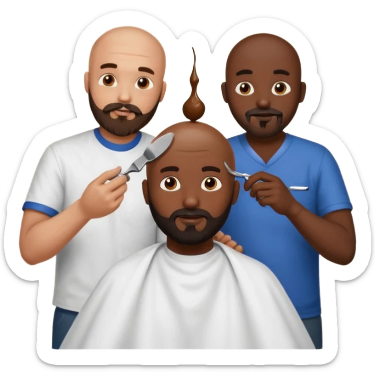 A bald man with a dark brown beard cutting someone’s hair at a barber shop and the other guy is eating a poop ball and the poop ball has eyes sticker