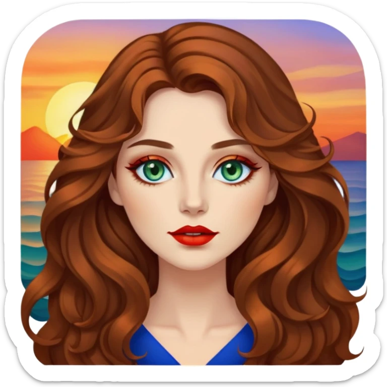 A lady with long, brown layered, wavy hair and blue/green eyes. She has red lipstick and is a bit thiccer. She has eyeshadow on which looks a bit like a sunset with tones of red, orange, yellows, browns and golds.  sticker