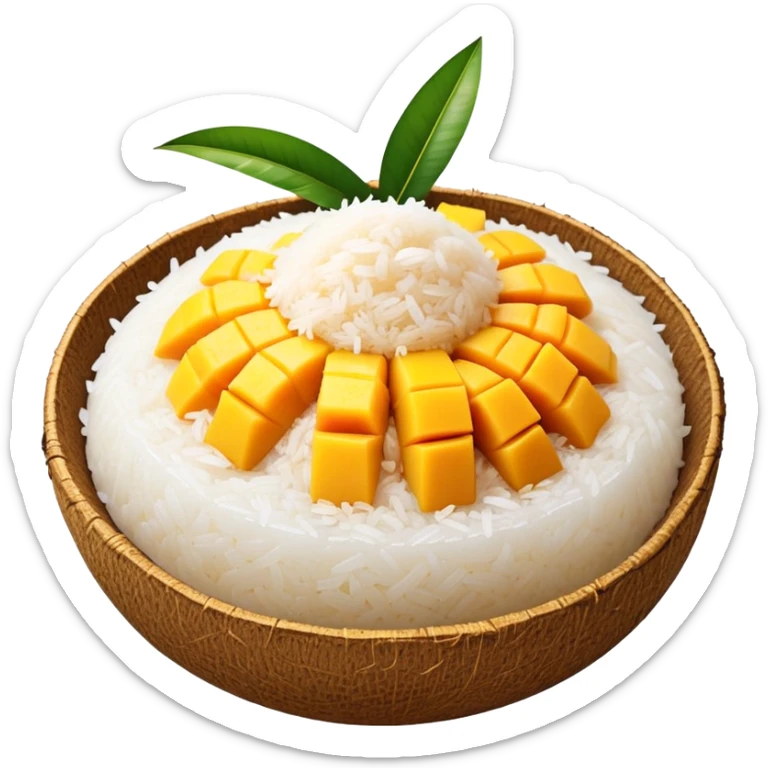 cinematic-realistic-mango-sticky-rice-dessert-emoji,-showcasing-sweet-sticky-rice out of a mould-paired-with-ripe-mango-slices-and-coconut-milk-rendered-with-lifelike-detail-and-warm,-inviting-lighting with the coconut  milk over the rice sticker